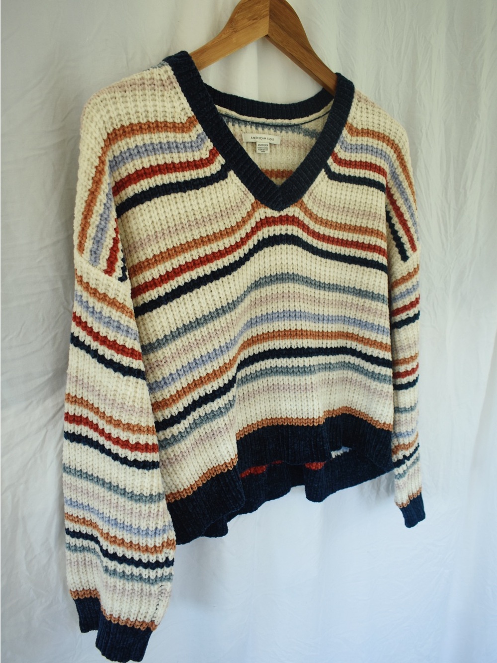 American Eagle V-Neck Striped Knit Sweater in Cream with Multicolor Stripes